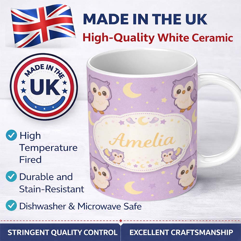 Personalized Custom Name Cute Night Owl Moon Cartoon Animal Pattern Charming Kitchen Decor 11oz Ceramic Coffee Tea Mug White Large Handle