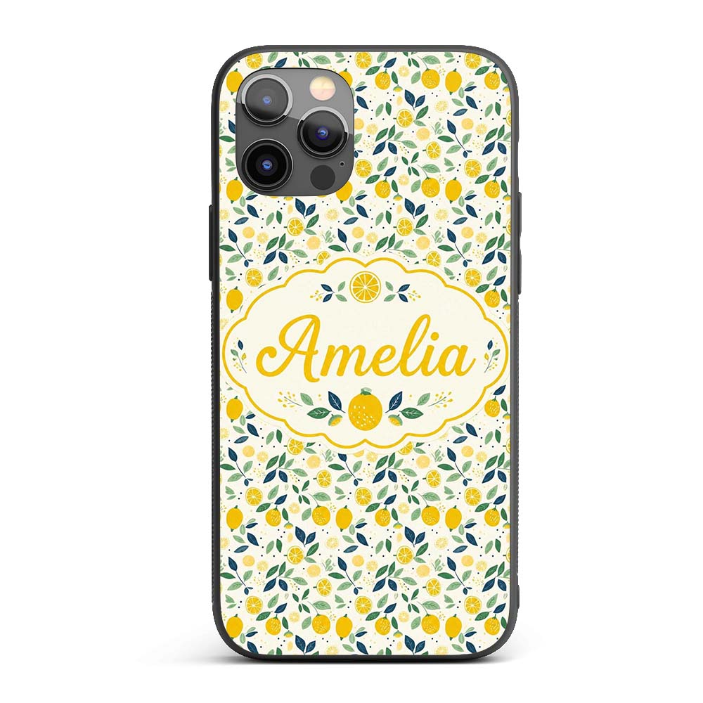 Playful Lemon Citrus and Leaves Repeat Pattern on Custom Name Protective Phone Case Mobile Cover Durable Everyday Smartphone Shock Resistant