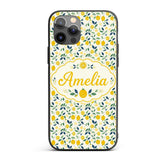 Playful Lemon Citrus and Leaves Repeat Pattern on Custom Name Protective Phone Case Mobile Cover Durable Everyday Smartphone Shock Resistant