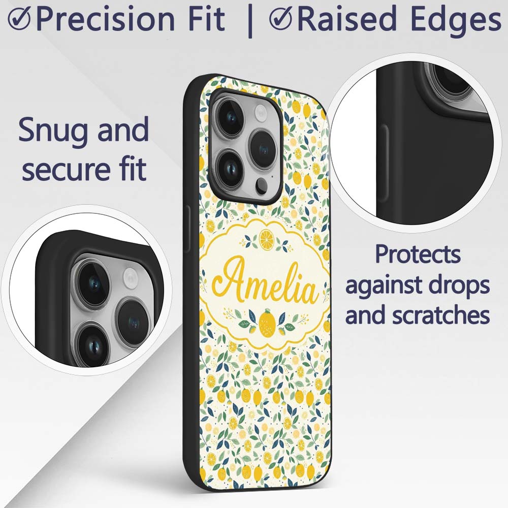 Playful Lemon Citrus and Leaves Repeat Pattern on Custom Name Protective Phone Case Mobile Cover Durable Everyday Smartphone Shock Resistant