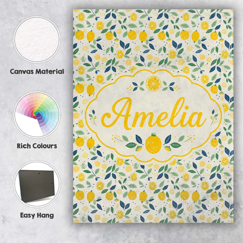 Personalised Name Playful Lemon Citrus and Custom  Unique Gift Idea Elegant Feature Canvas Wall Art Print Decor Picture Ready to Hang