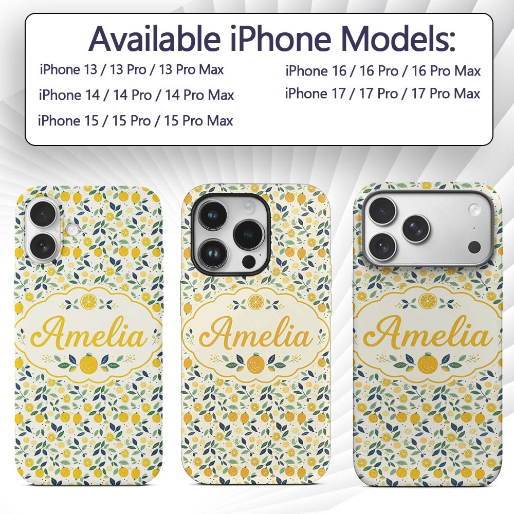 Playful Lemon Citrus and Leaves Repeat Pattern on Custom Name Protective Phone Case Mobile Cover Durable Everyday Smartphone Shock Resistant