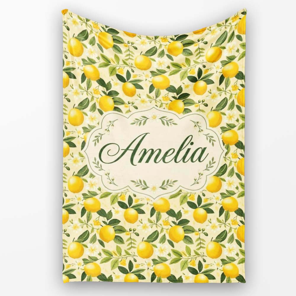 Warm Yellow Lemon Orchard with Flowers and Leaves Seamless Botanical  Personalised Custom Name Super Soft Fleece Blanket Bed Sofa Throw