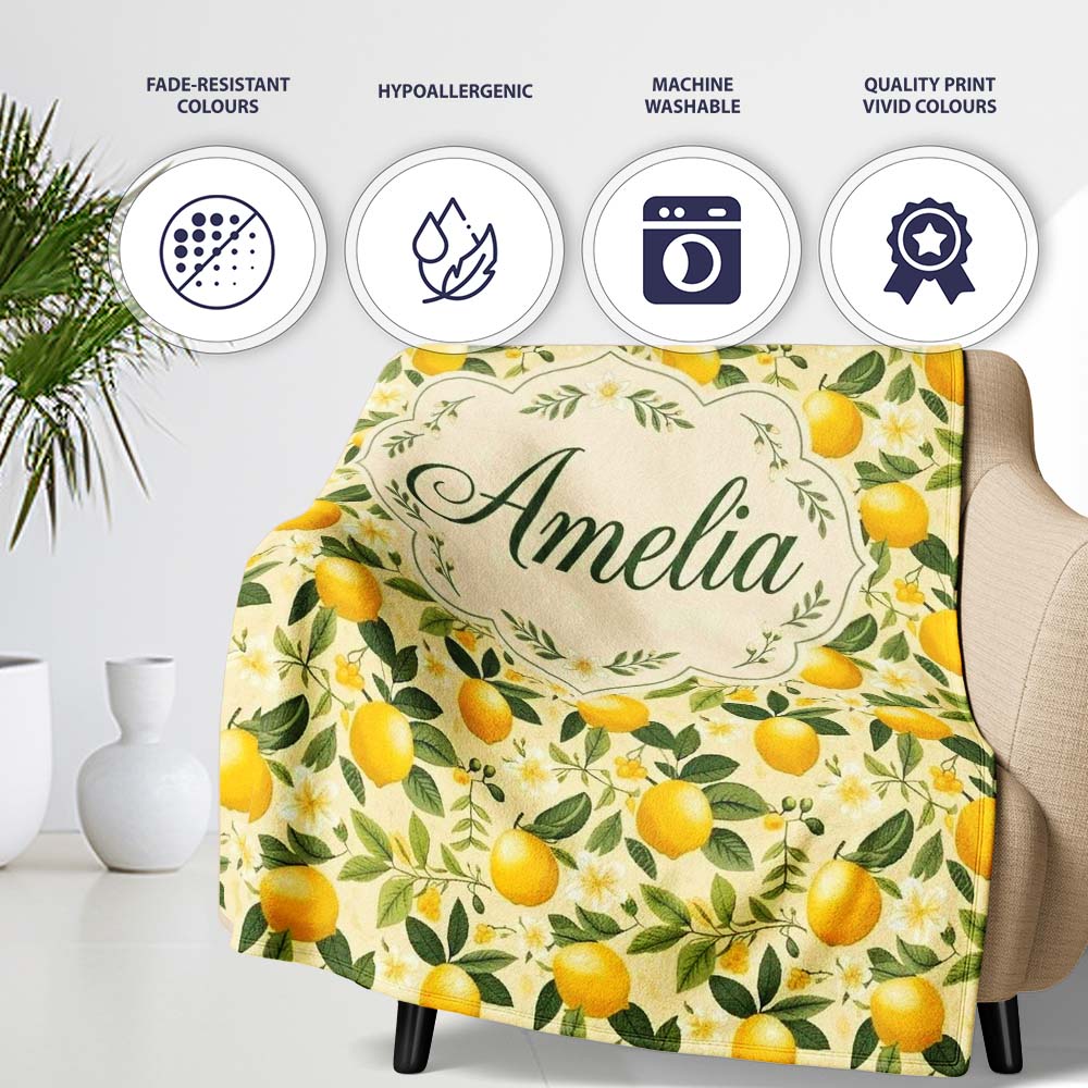 Warm Yellow Lemon Orchard with Flowers and Leaves Seamless Botanical  Personalised Custom Name Super Soft Fleece Blanket Bed Sofa Throw