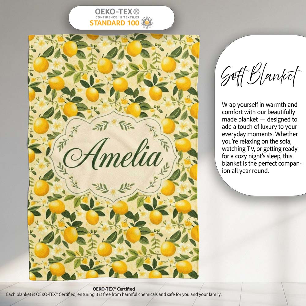 Warm Yellow Lemon Orchard with Flowers and Leaves Seamless Botanical  Personalised Custom Name Super Soft Fleece Blanket Bed Sofa Throw