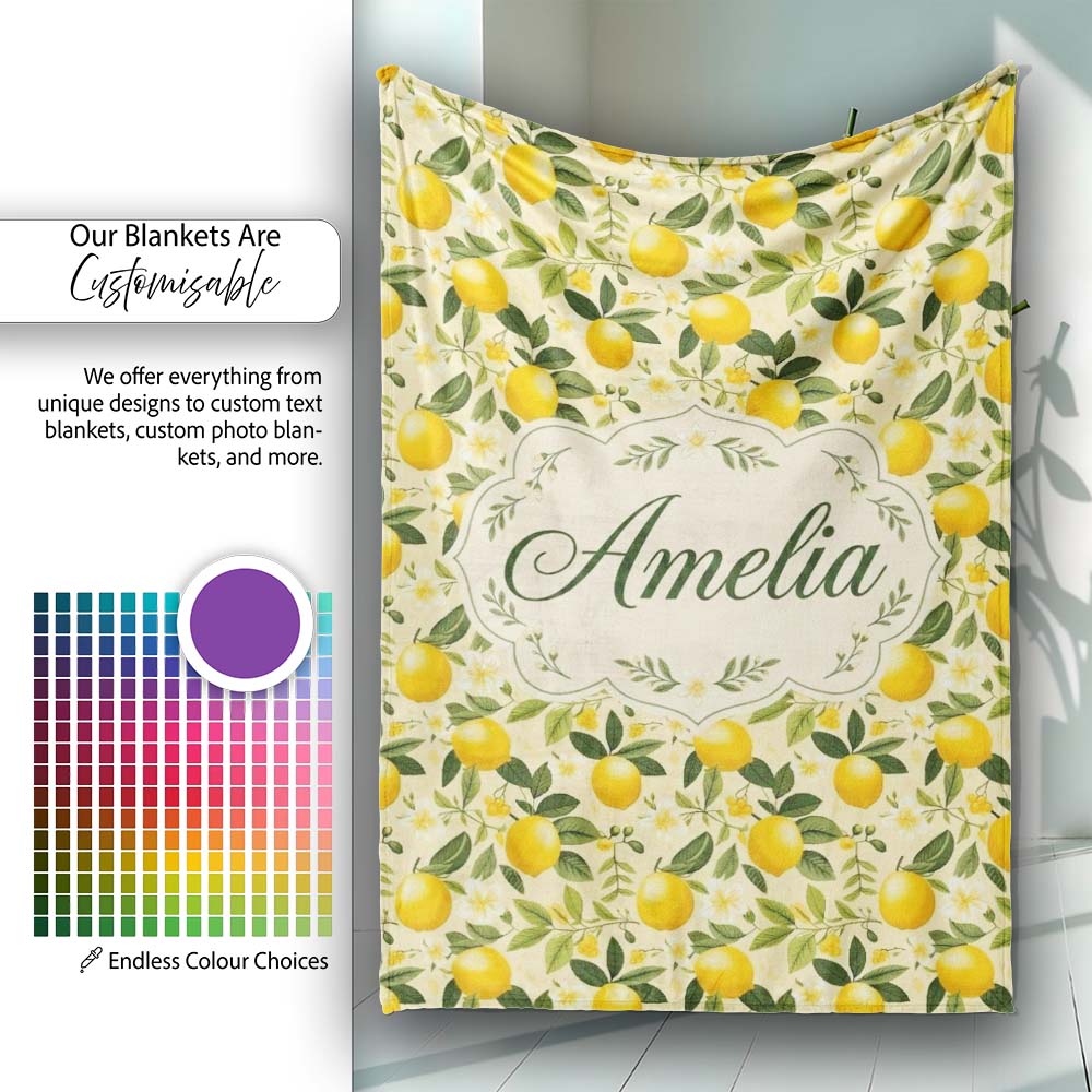Warm Yellow Lemon Orchard with Flowers and Leaves Seamless Botanical  Personalised Custom Name Super Soft Fleece Blanket Bed Sofa Throw