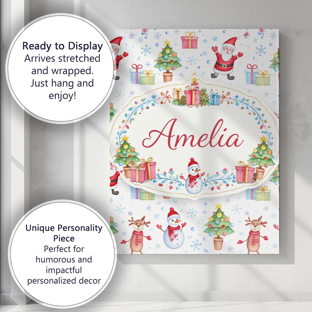 Personalised Name Santa Reindeer Christmas Tree Pattern Cute Holiday Custom  Home Canvas Wall Art Print Decor Picture Ready to Hang