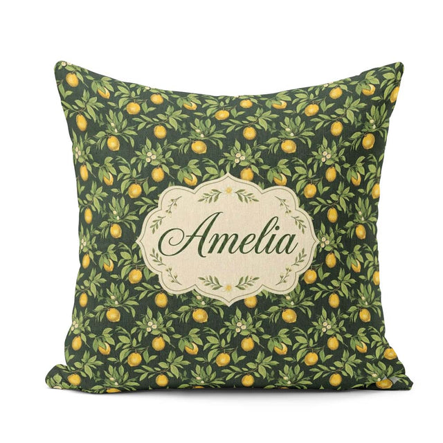 Custom Name Dark Green Lemon Tree Botanical with Detailed Leaves Square Filled Cushion Throw Pillow Sofa Bed Home Decor Zip Washable UK Made