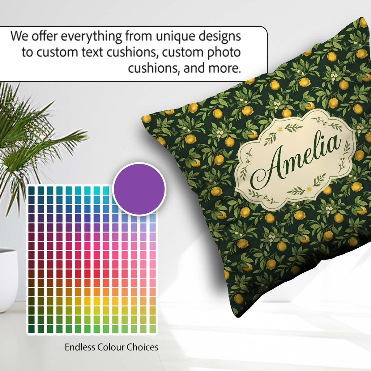 Custom Name Dark Green Lemon Tree Botanical with Detailed Leaves Square Filled Cushion Throw Pillow Sofa Bed Home Decor Zip Washable UK Made