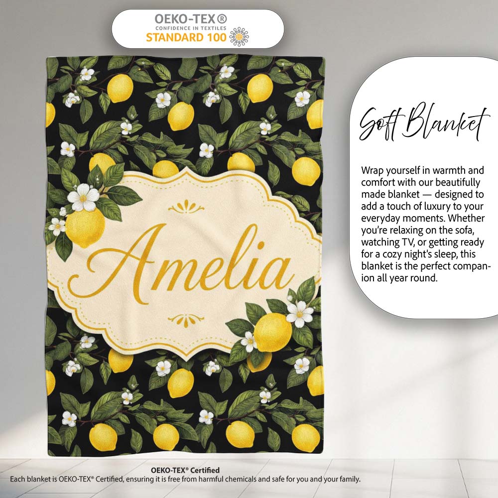 Detailed Lemon Branches on Black Background Vintage Botanical Lovely  Personalised Custom Name Super Soft Fleece Blanket Bed Sofa Throw