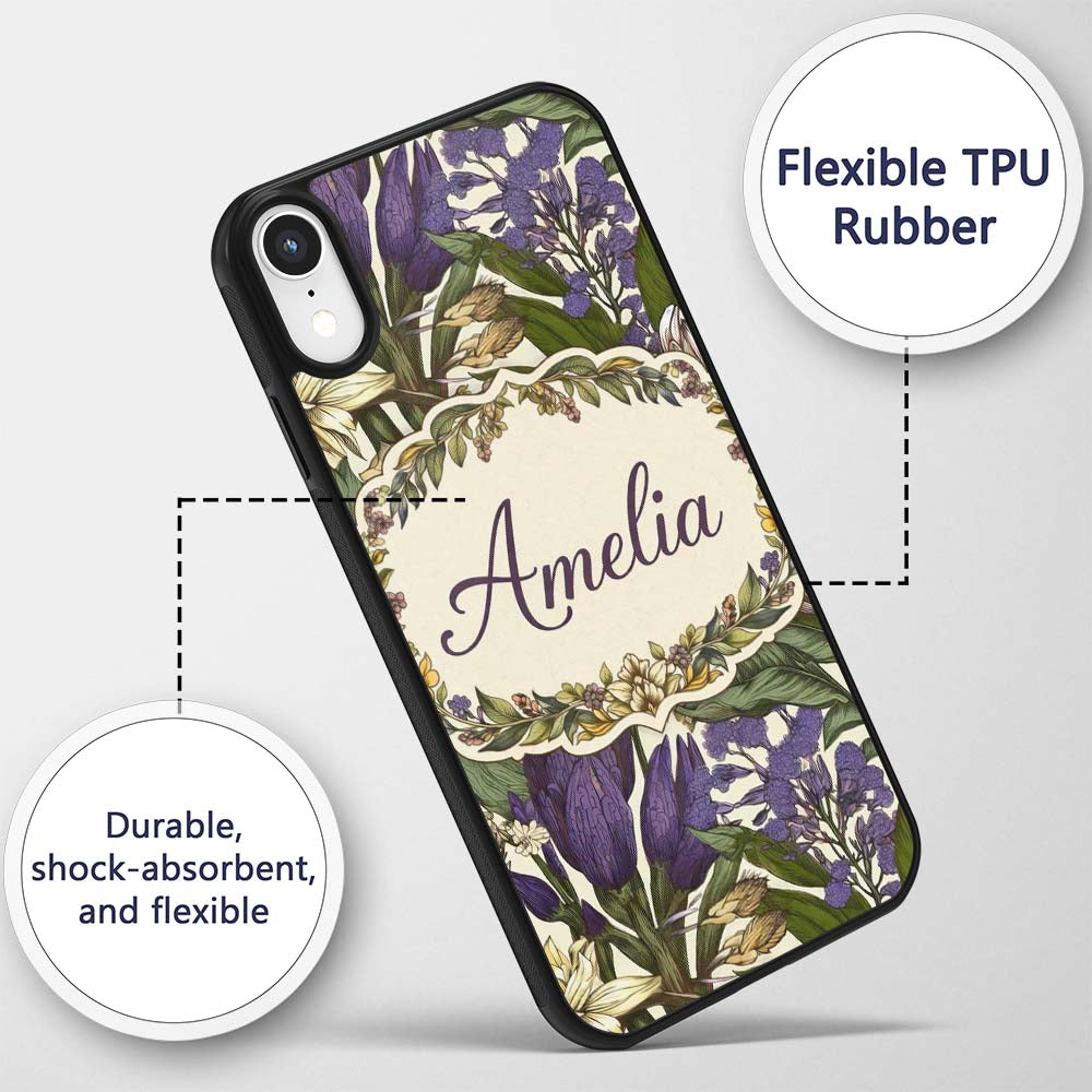 Botanical Floral Garden Illustration Vintage Custom Name Protective Phone Case Mobile Cover Durable Everyday Smartphone Shock Resistant