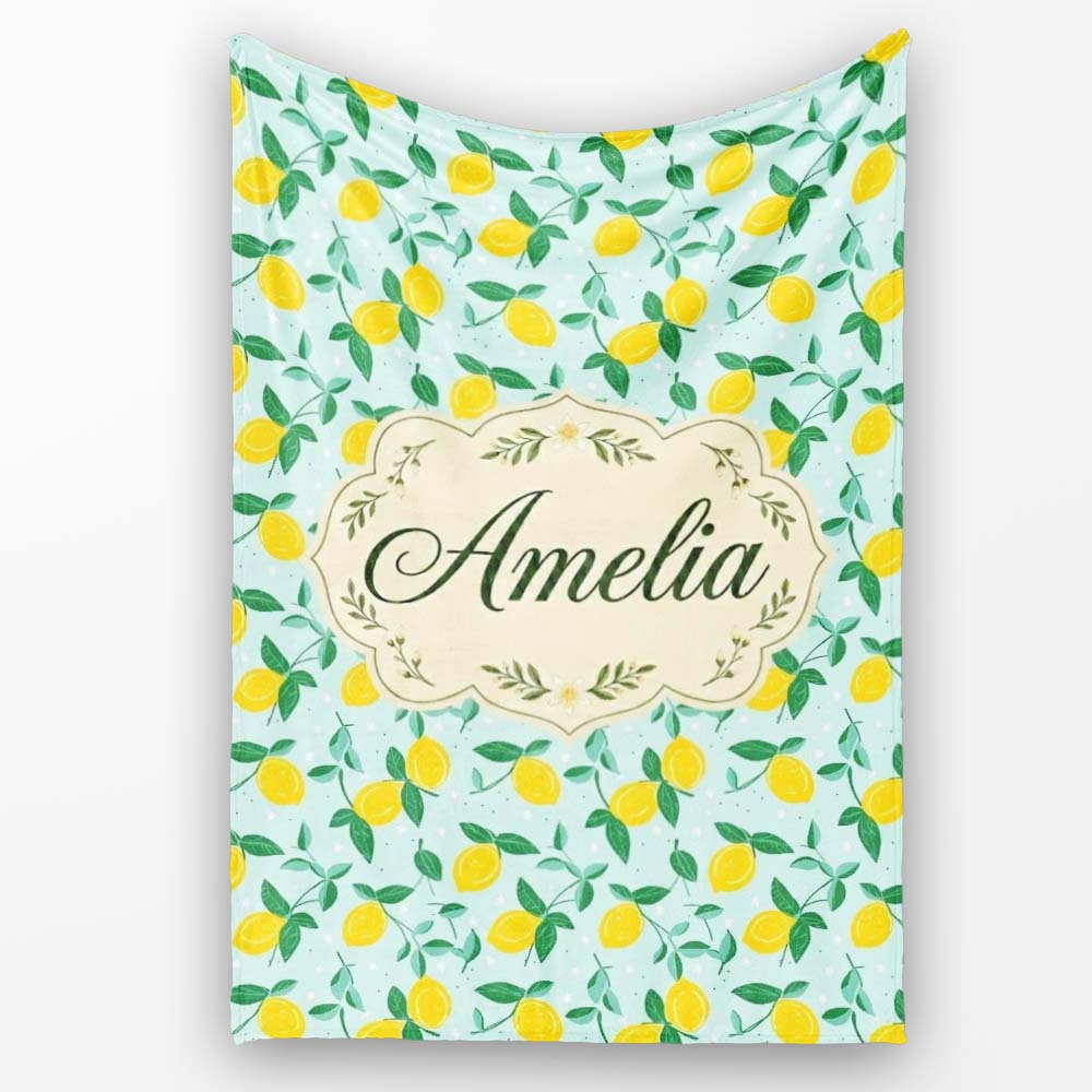 Fresh Lemon and Leaf Toss Pattern on Mint Green Background Lovely  Personalised Custom Name Super Soft Fleece Blanket Bed Sofa Throw
