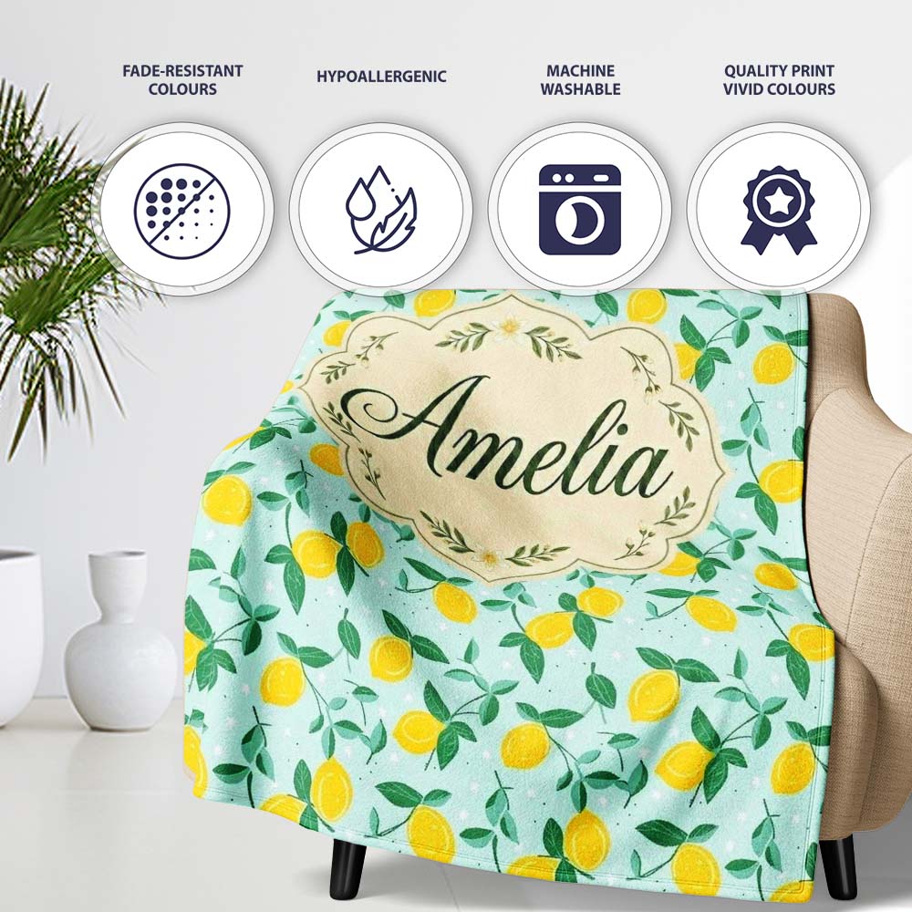 Fresh Lemon and Leaf Toss Pattern on Mint Green Background Lovely  Personalised Custom Name Super Soft Fleece Blanket Bed Sofa Throw