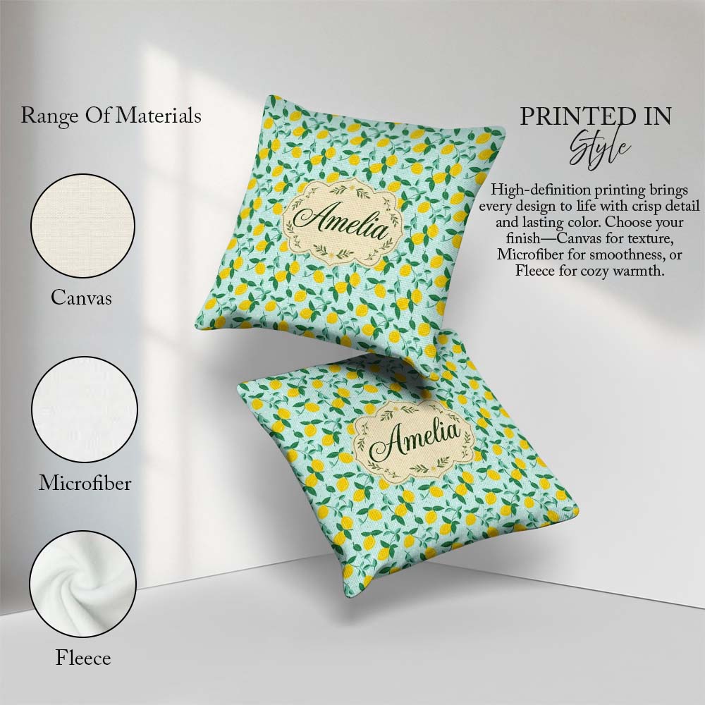 Custom Name Fresh Lemon and Leaf Toss Pattern on Mint Background Square Filled Cushion Throw Pillow Sofa Bed Home Decor Zip Washable UK Made