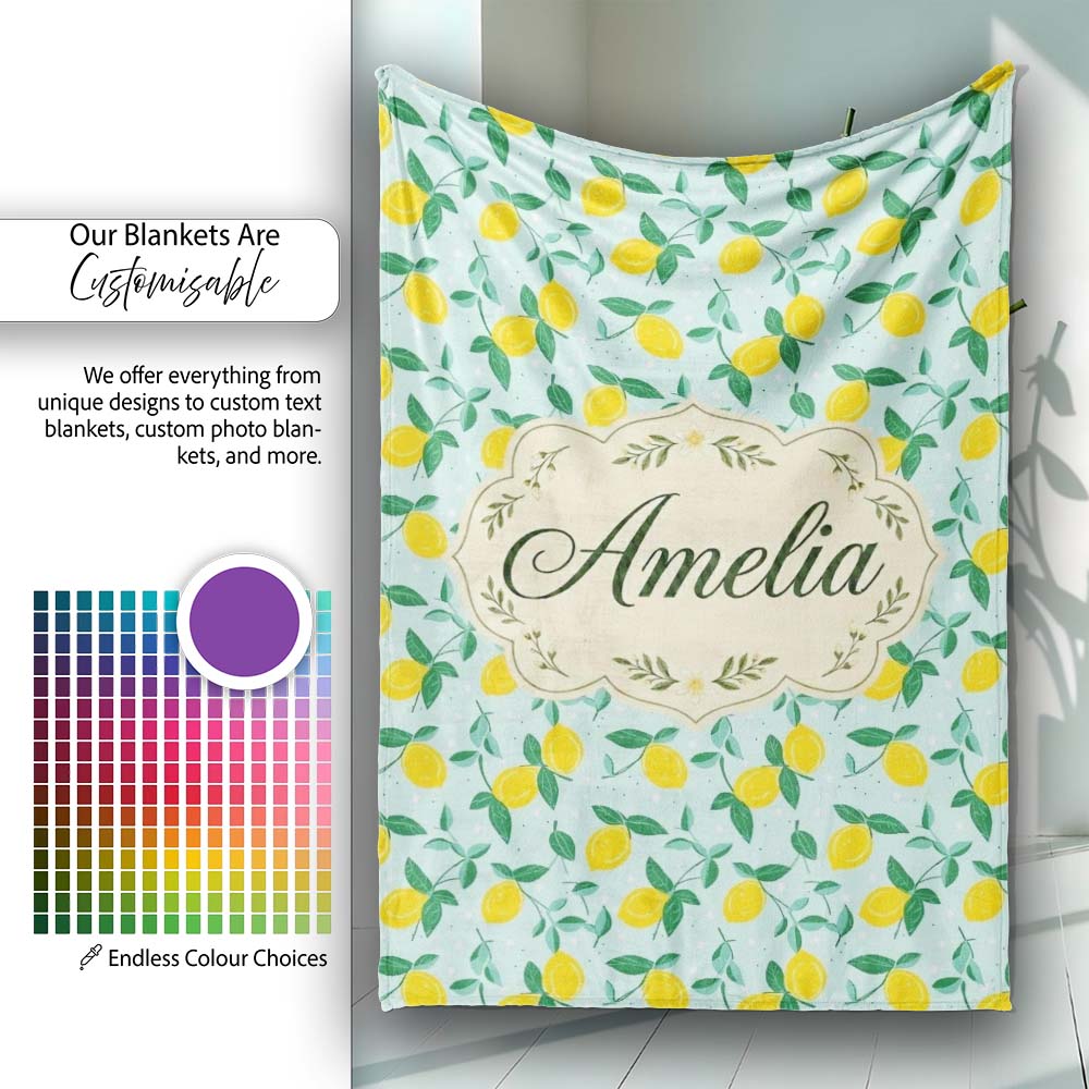 Fresh Lemon and Leaf Toss Pattern on Mint Green Background Lovely  Personalised Custom Name Super Soft Fleece Blanket Bed Sofa Throw