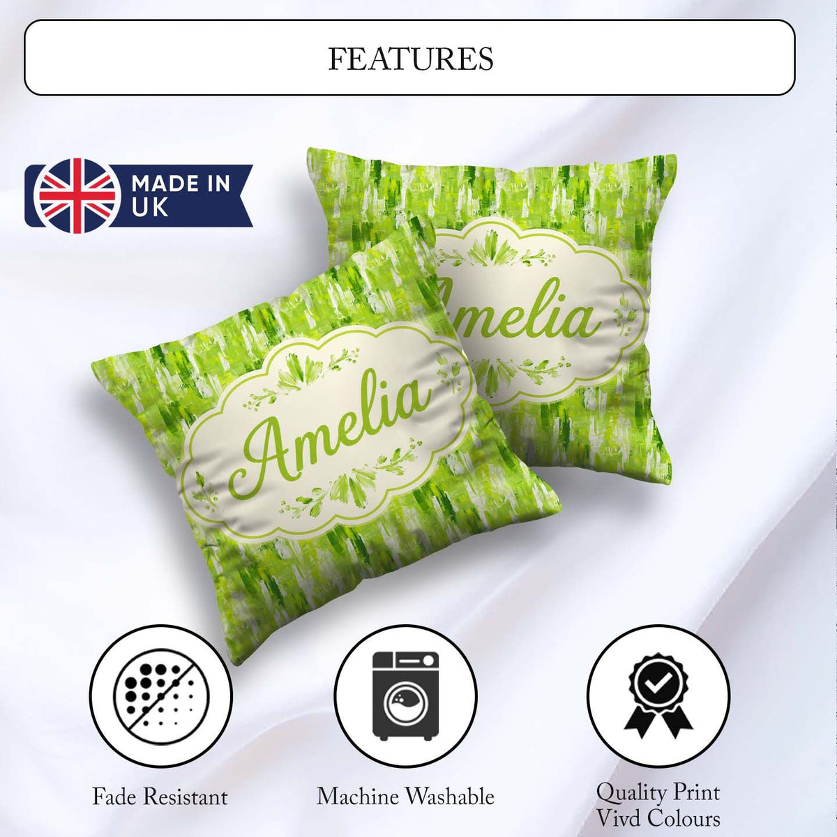 Custom Name Abstract Green Brushstroke Texture Seamless Artistic Square Filled Cushion Throw Pillow Sofa Bed Home Decor Zip Washable UK Made