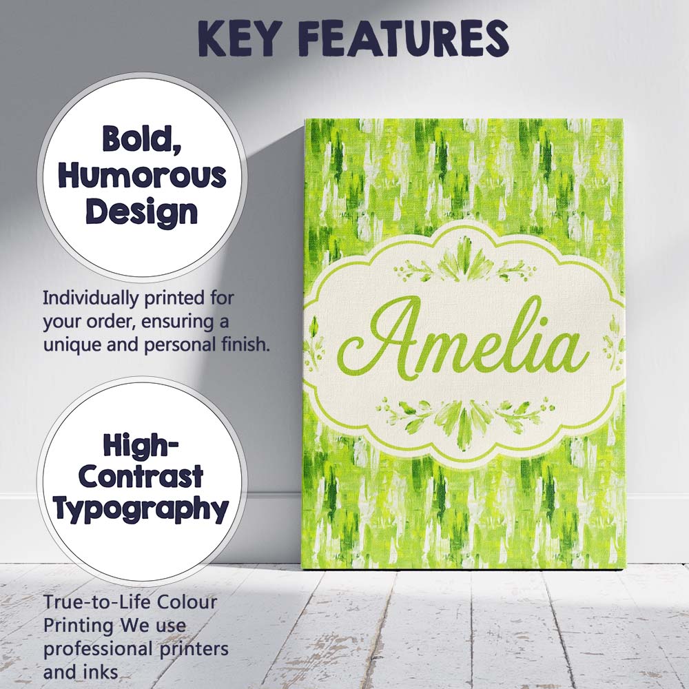 Personalised Name Abstract Green Brushstroke Custom Bespoke  Contemporary Display Canvas Wall Art Print Decor Picture Ready to Hang