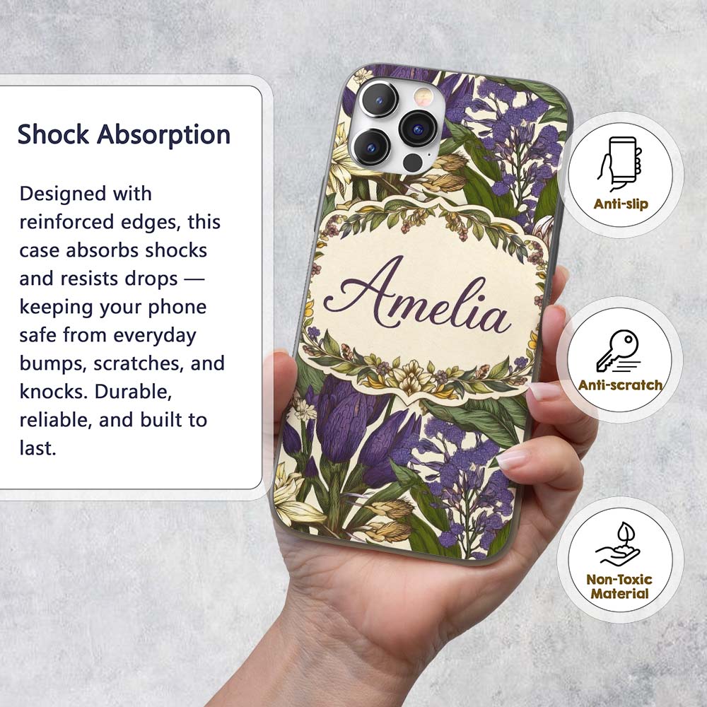 Botanical Floral Garden Illustration Vintage Custom Name Protective Phone Case Mobile Cover Durable Everyday Smartphone Shock Resistant