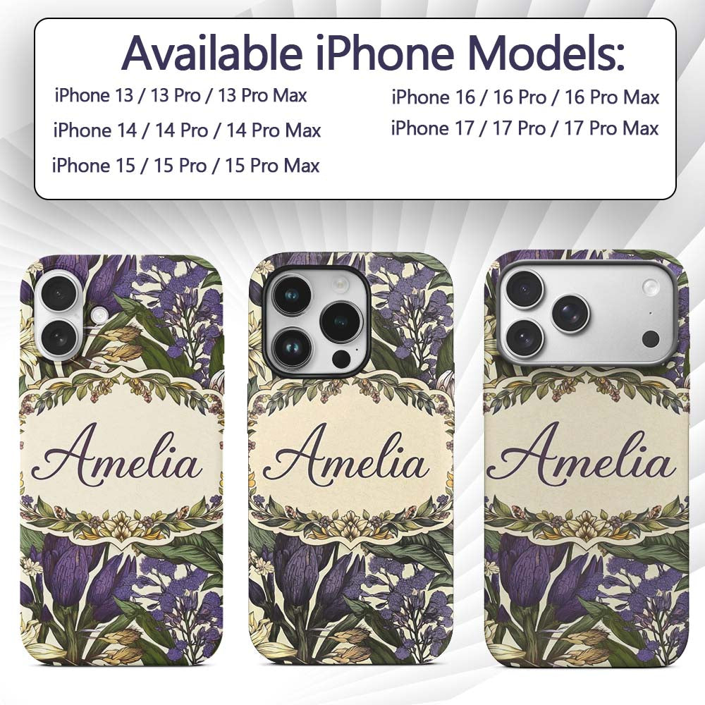 Botanical Floral Garden Illustration Vintage Custom Name Protective Phone Case Mobile Cover Durable Everyday Smartphone Shock Resistant