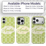 Ornate Green Damask Style Pattern Printed Design Custom Name Protective Phone Case Mobile Cover Durable Everyday Smartphone Shock Resistant