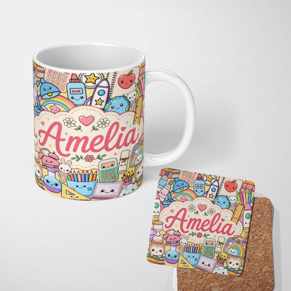 Personalized Custom Name Cute Kawaii School Supplies Science Art Cute Pattern Yellow Lovely 11oz Ceramic Coffee Tea Mug White Large Handle