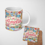 Personalized Custom Name Cute Kawaii School Supplies Science Art Cute Pattern Yellow Lovely 11oz Ceramic Coffee Tea Mug White Large Handle