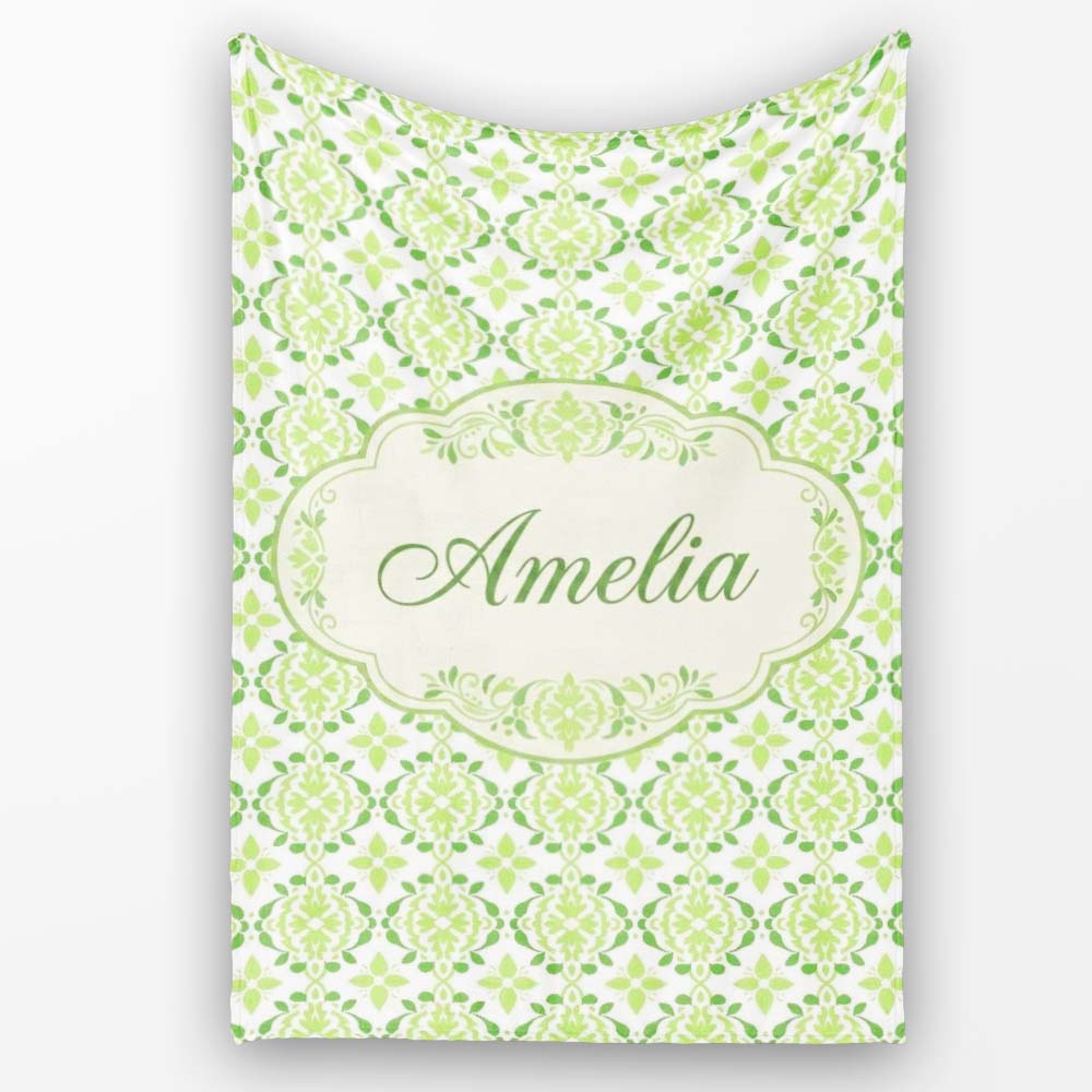Geometric Floral Green Tile Pattern on White Background Seamless  Personalised Custom Name Super Soft Fleece Blanket Bed Sofa Throw