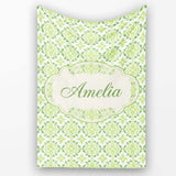 Geometric Floral Green Tile Pattern on White Background Seamless  Personalised Custom Name Super Soft Fleece Blanket Bed Sofa Throw