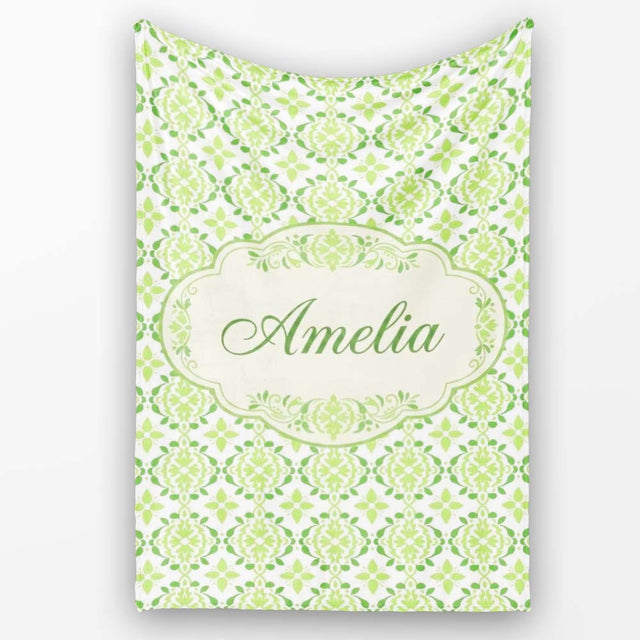 Geometric Floral Green Tile Pattern on White Background Seamless  Personalised Custom Name Super Soft Fleece Blanket Bed Sofa Throw