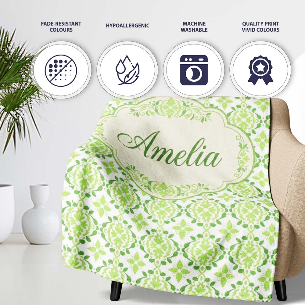 Geometric Floral Green Tile Pattern on White Background Seamless  Personalised Custom Name Super Soft Fleece Blanket Bed Sofa Throw