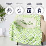Geometric Floral Green Tile Pattern on White Background Seamless  Personalised Custom Name Super Soft Fleece Blanket Bed Sofa Throw