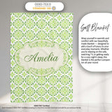 Geometric Floral Green Tile Pattern on White Background Seamless  Personalised Custom Name Super Soft Fleece Blanket Bed Sofa Throw