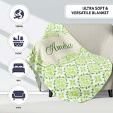 Geometric Floral Green Tile Pattern on White Background Seamless  Personalised Custom Name Super Soft Fleece Blanket Bed Sofa Throw