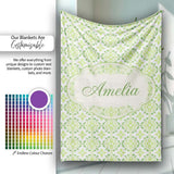 Geometric Floral Green Tile Pattern on White Background Seamless  Personalised Custom Name Super Soft Fleece Blanket Bed Sofa Throw
