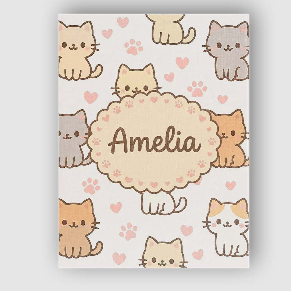 Personalised Name Cute Kitten Hearts Cartoon Animal Pattern Charming Custom  Home Canvas Wall Art Print Decor Picture Ready to Hang