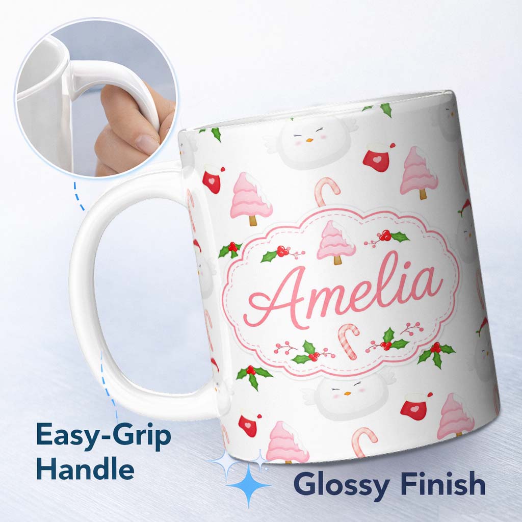Personalized Custom Name Cute Christmas Dove Holly Candy Cane Seamless Pattern Lovely 11oz Ceramic Coffee Tea Mug White Large Handle