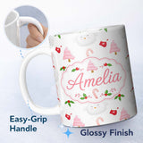 Personalized Custom Name Cute Christmas Dove Holly Candy Cane Seamless Pattern Lovely 11oz Ceramic Coffee Tea Mug White Large Handle
