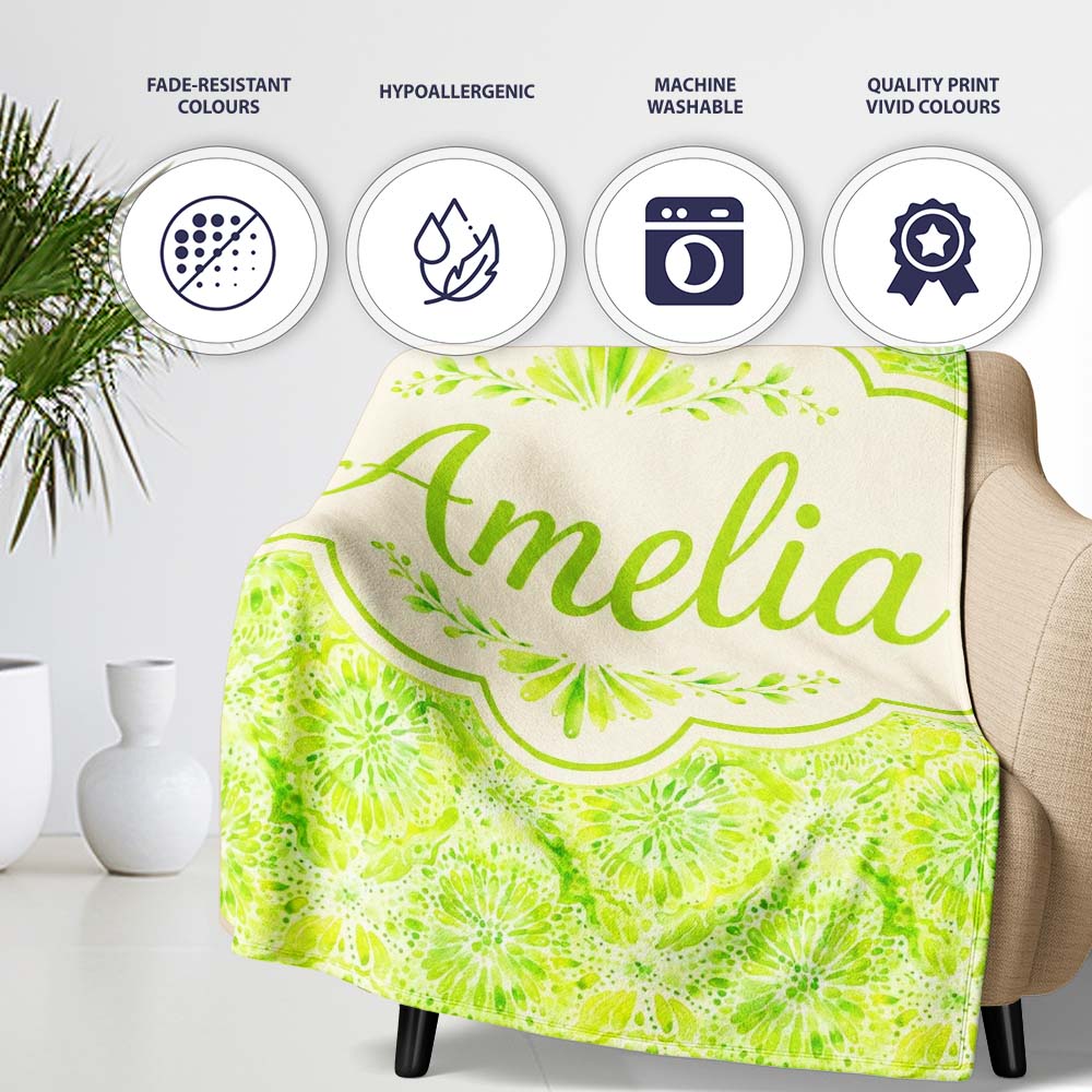 Watercolor Citrus Slice Lime Pattern Seamless Fresh Fruit Design  Personalised Custom Name Super Soft Fleece Blanket Bed Sofa Throw