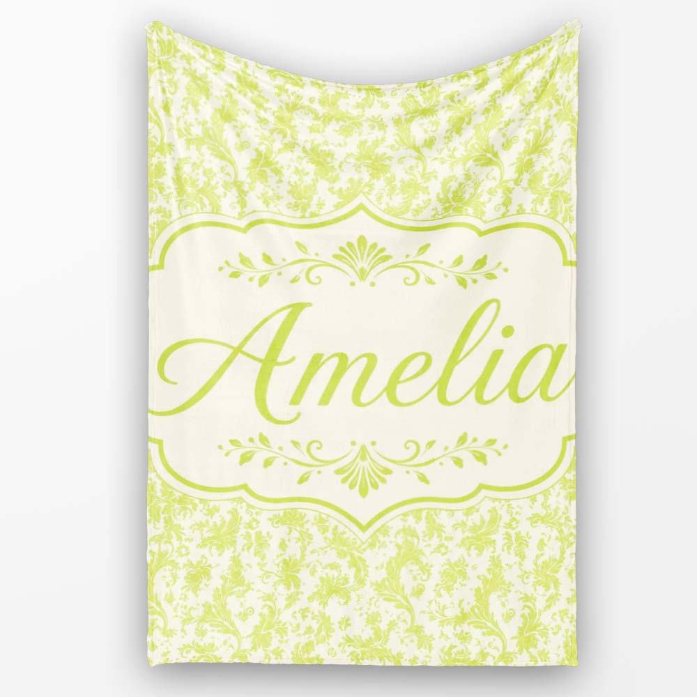 Elegant Green Damask Floral Vintage Seamless Pattern Lovely  Personalised Custom Name Super Soft Fleece Blanket Bed Sofa Throw
