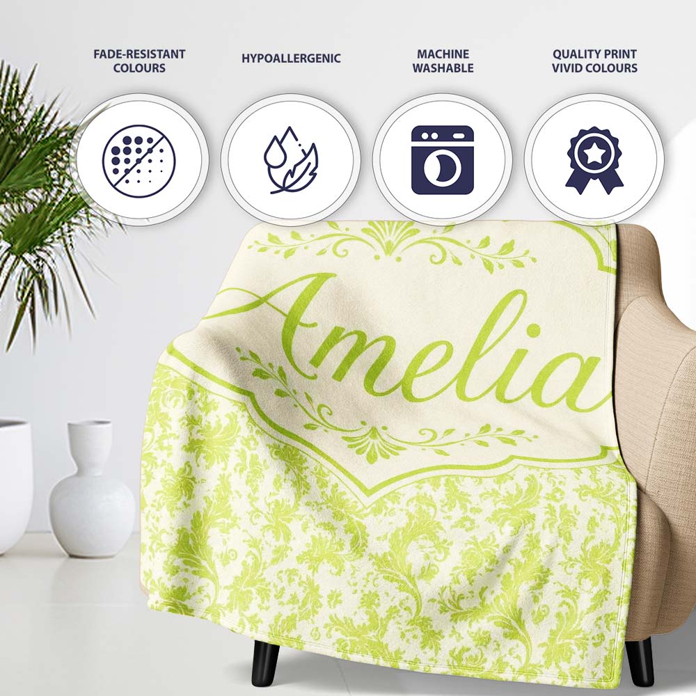 Elegant Green Damask Floral Vintage Seamless Pattern Lovely  Personalised Custom Name Super Soft Fleece Blanket Bed Sofa Throw