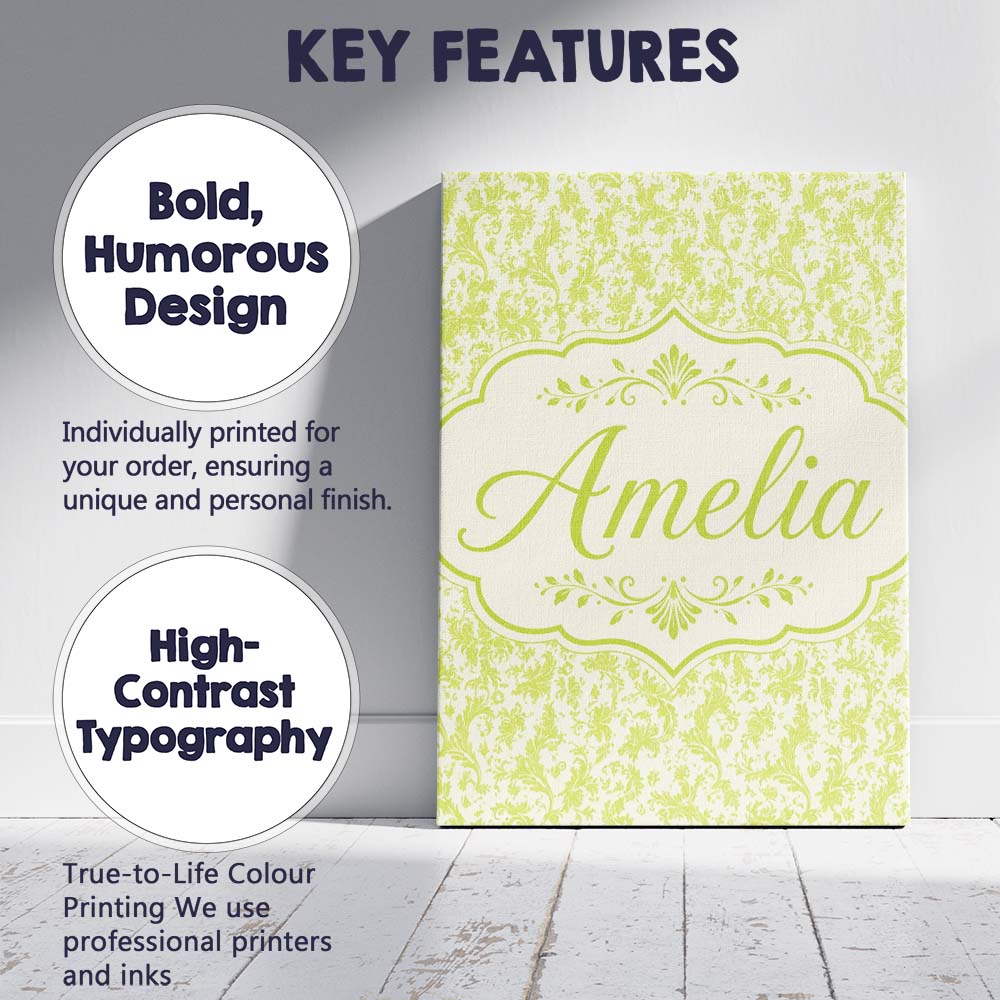 Personalised Name Elegant Green Damask Custom  Unique Gift Idea Modern Room Accent Canvas Wall Art Print Decor Picture Ready to Hang