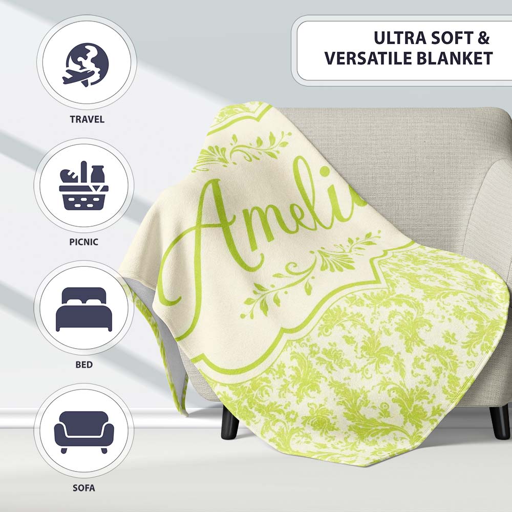 Elegant Green Damask Floral Vintage Seamless Pattern Lovely  Personalised Custom Name Super Soft Fleece Blanket Bed Sofa Throw