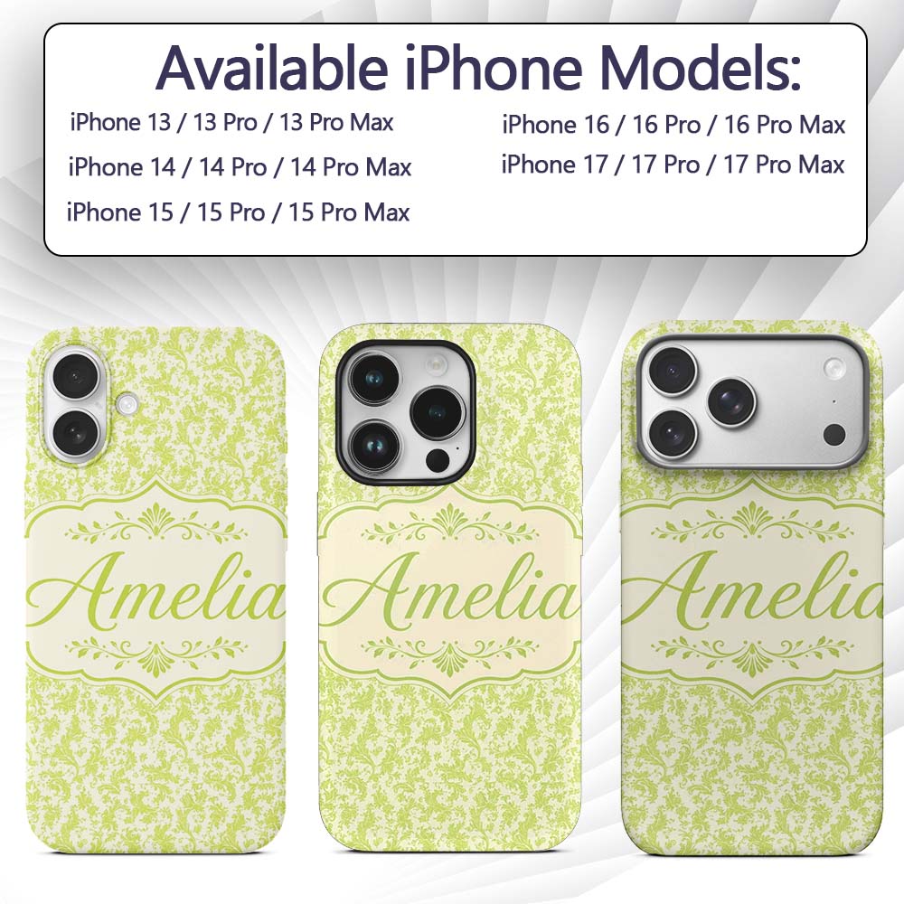Elegant Green Damask Floral Vintage Seamless Custom Name Protective Phone Case Mobile Cover Durable Everyday Smartphone Shock Resistant
