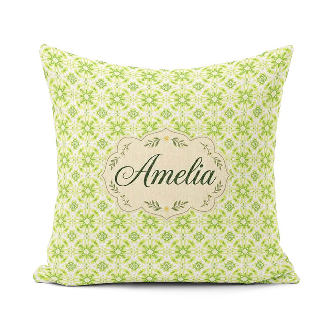 Custom Name Small Scale Green Floral Geometric Seamless Pattern Square Filled Cushion Throw Pillow Sofa Bed Home Decor Zip Washable UK Made