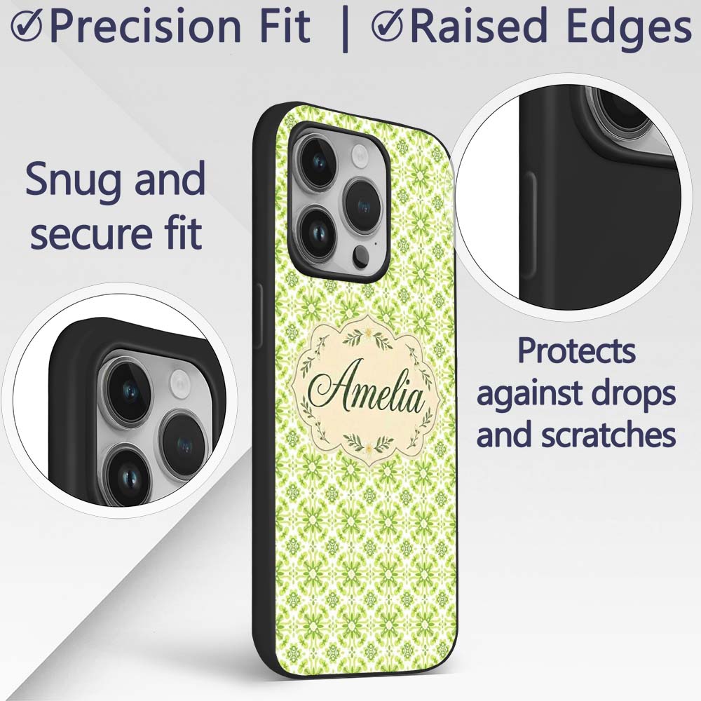 Small Scale Green Floral Geometric Tile Seamless Custom Name Protective Phone Case Mobile Cover Durable Everyday Smartphone Shock Resistant
