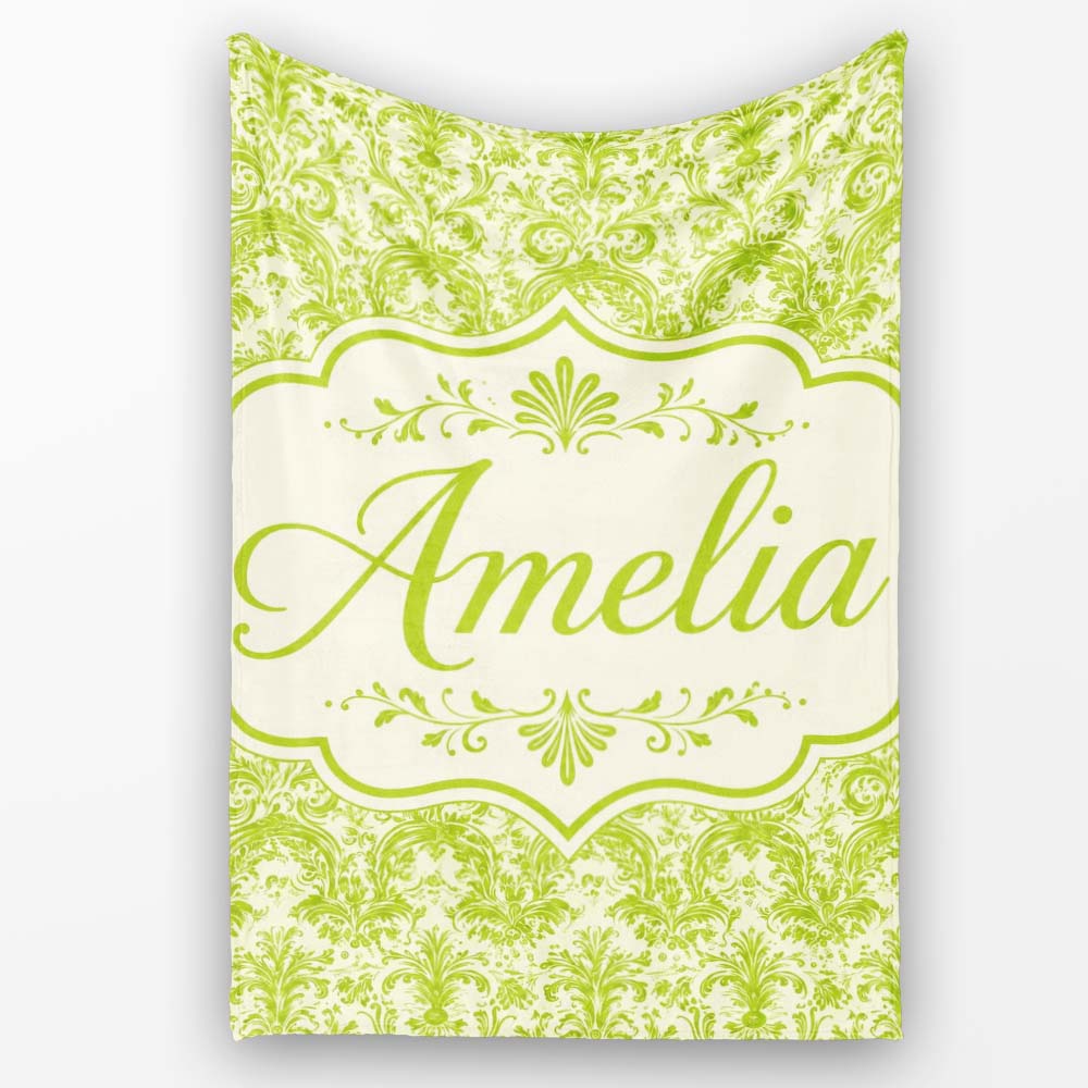 Classic Ornate Green Damask Floral Seamless Pattern Cute Unique Gift  Personalised Custom Name Super Soft Fleece Blanket Bed Sofa Throw