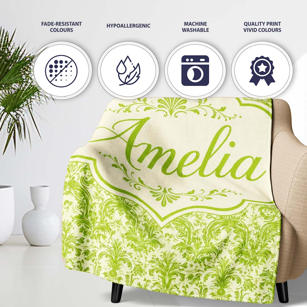 Classic Ornate Green Damask Floral Seamless Pattern Cute Unique Gift  Personalised Custom Name Super Soft Fleece Blanket Bed Sofa Throw