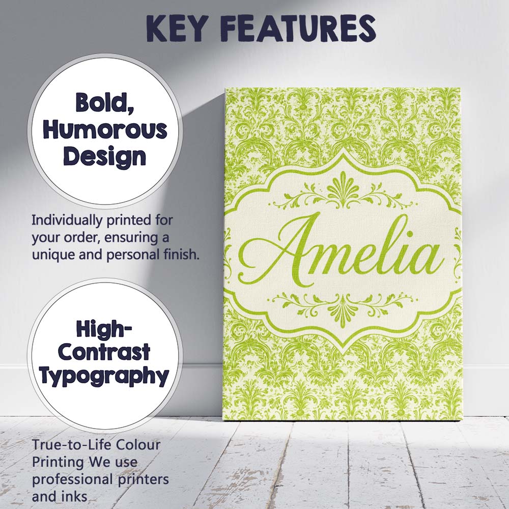Personalised Name Classic Ornate Green Custom  Modern Room Accent Elegant Feature Canvas Wall Art Print Decor Picture Ready to Hang
