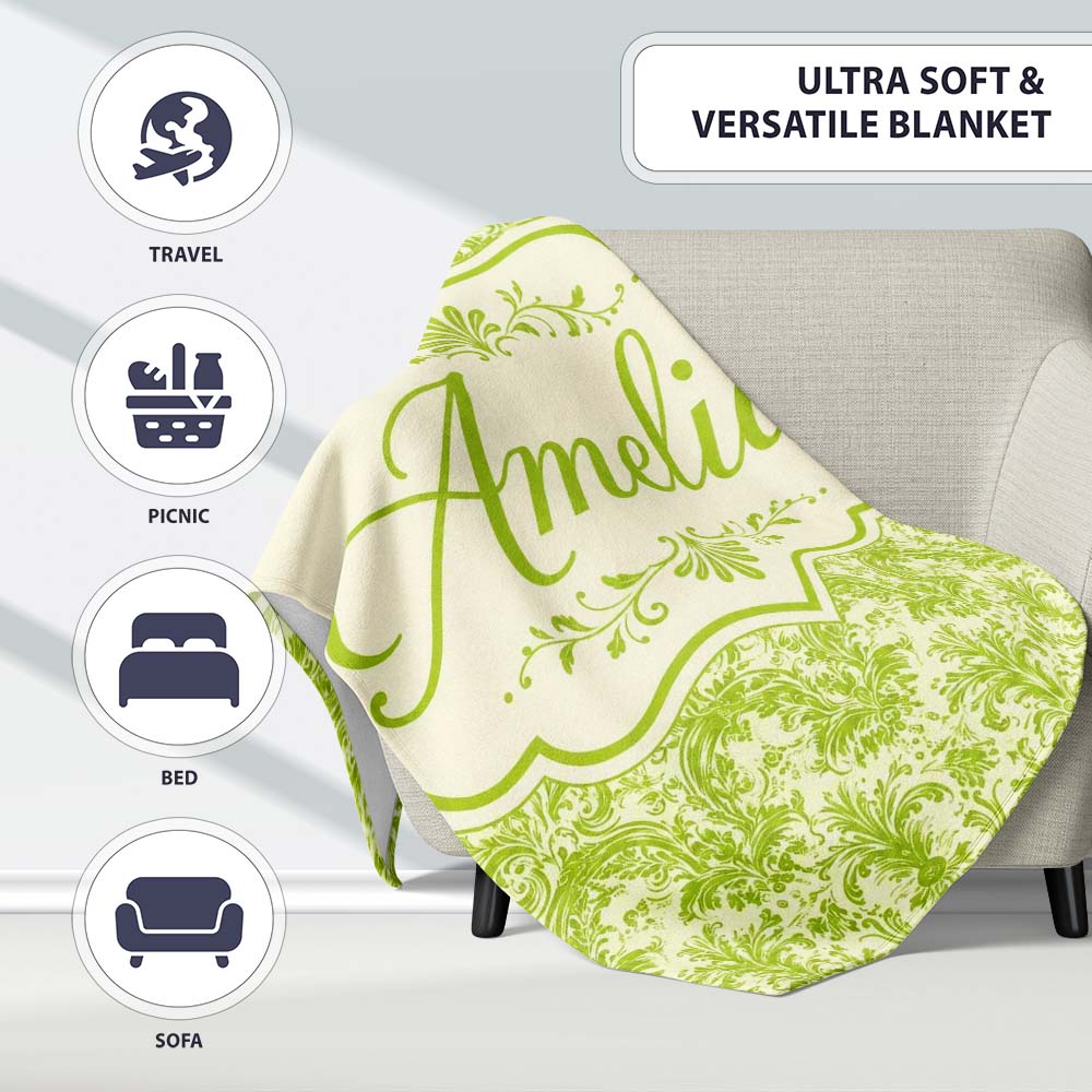 Classic Ornate Green Damask Floral Seamless Pattern Cute Unique Gift  Personalised Custom Name Super Soft Fleece Blanket Bed Sofa Throw