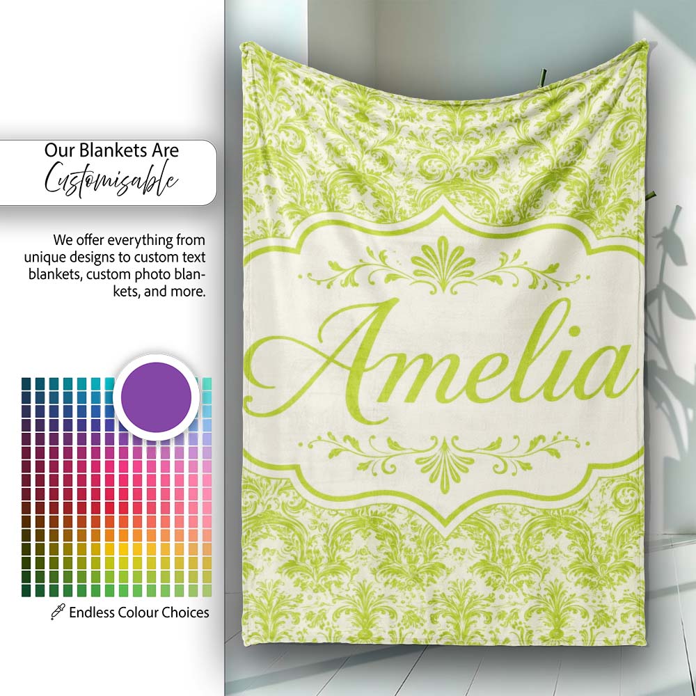 Classic Ornate Green Damask Floral Seamless Pattern Cute Unique Gift  Personalised Custom Name Super Soft Fleece Blanket Bed Sofa Throw